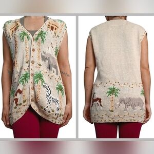 Vintage Cotton Knit Animal Palm Tree Vest Beige Green Medium